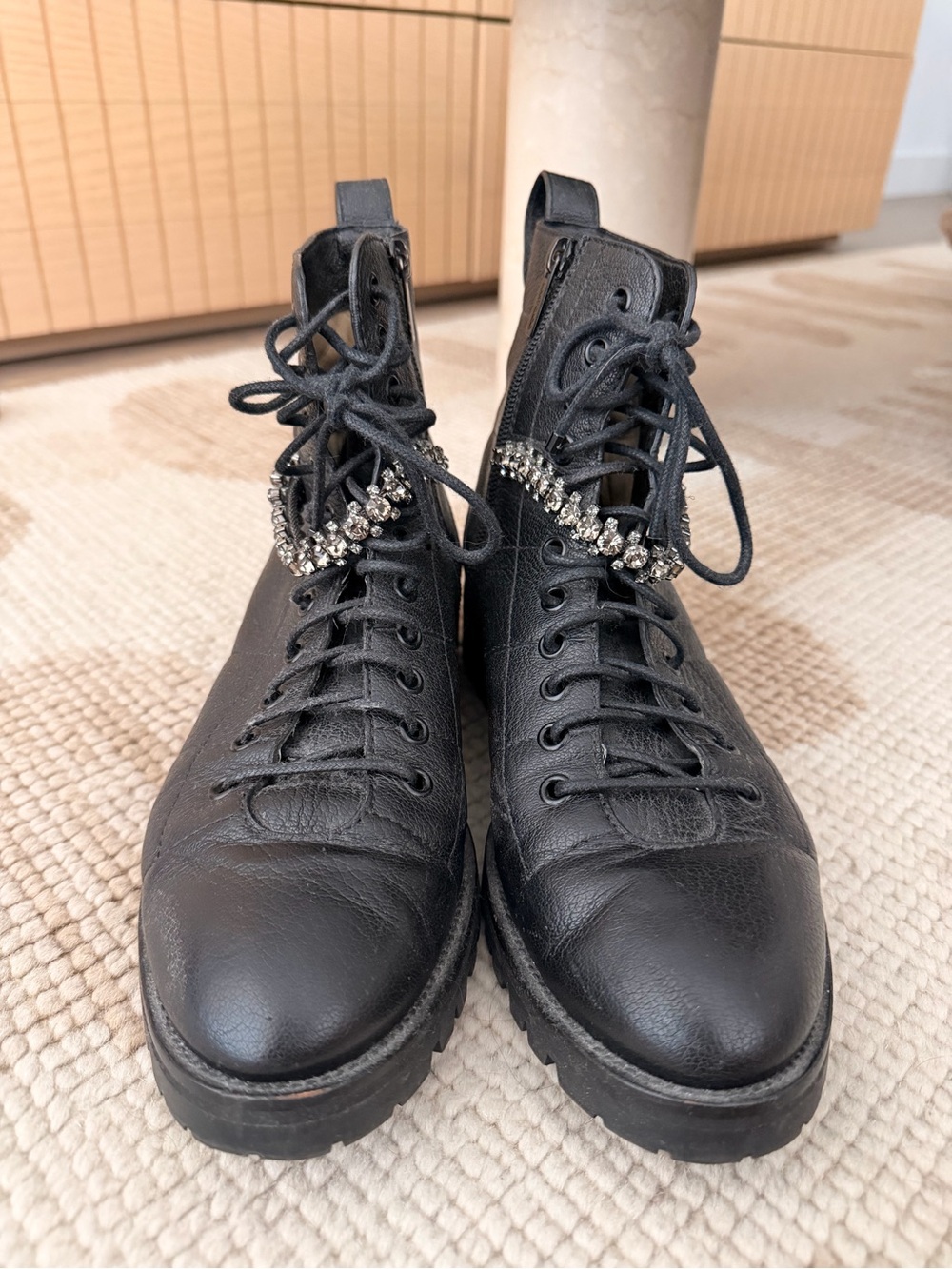Jimmy Choo Black Leather Lace-Up Boots with Embellishment sz 9